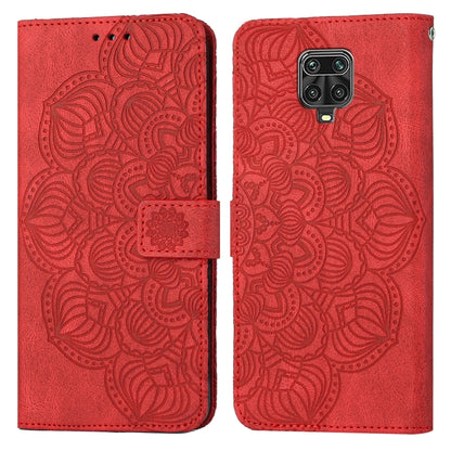 Red mandala embossed flip leather phone case with magnetic strap and camera cutout