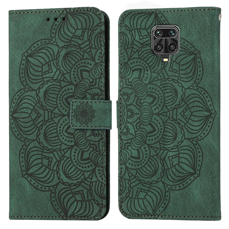 Green mandala embossed flip leather phone case with magnetic strap and camera cutout