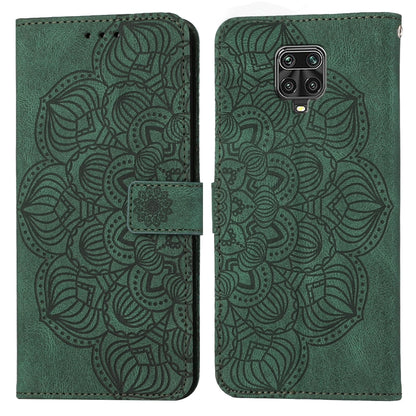 Green mandala embossed flip leather phone case with magnetic strap and camera cutout