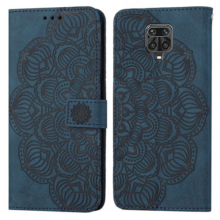 Blue mandala embossed flip leather phone case with magnetic strap and camera cutout