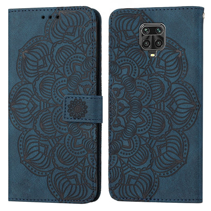 Blue mandala embossed flip leather phone case with magnetic strap and camera cutout