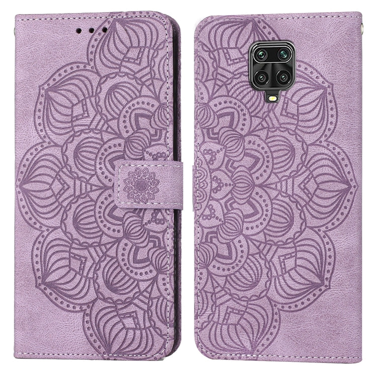 Purple mandala embossed flip leather phone case with magnetic strap and camera cutout