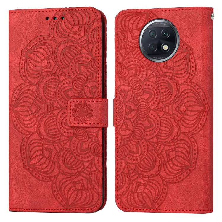 Red mandala embossed flip leather phone case with magnetic strap and camera cutout