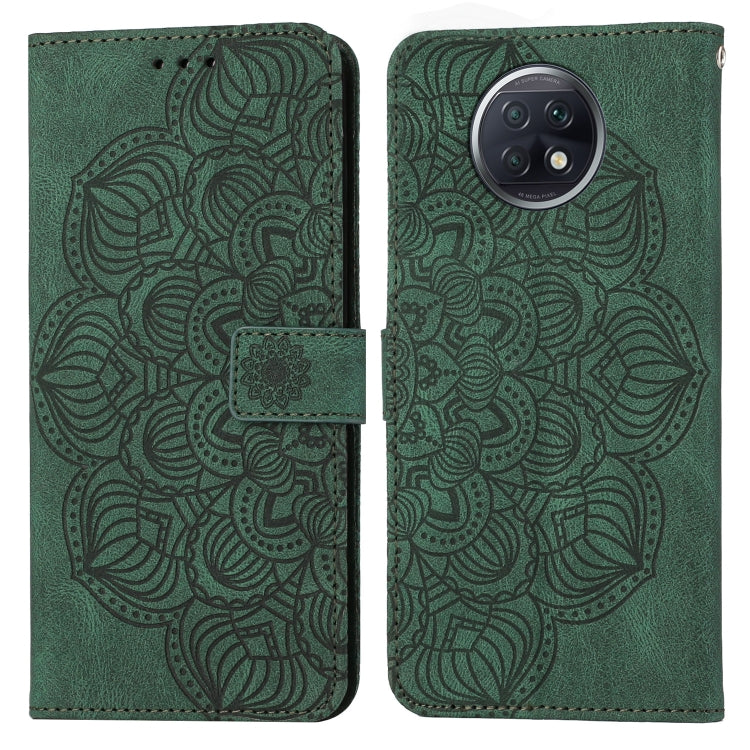 Green mandala embossed flip leather phone case with magnetic strap and camera cutout