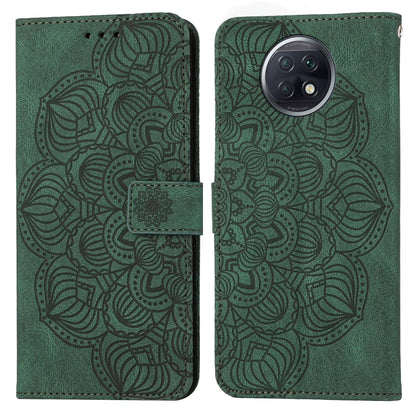 Green mandala embossed flip leather phone case with magnetic strap and camera cutout