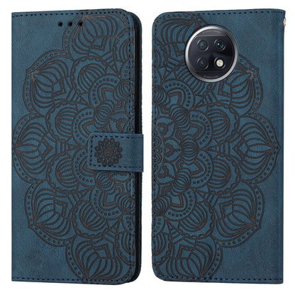 Blue mandala embossed flip leather phone case with magnetic strap and camera cutout