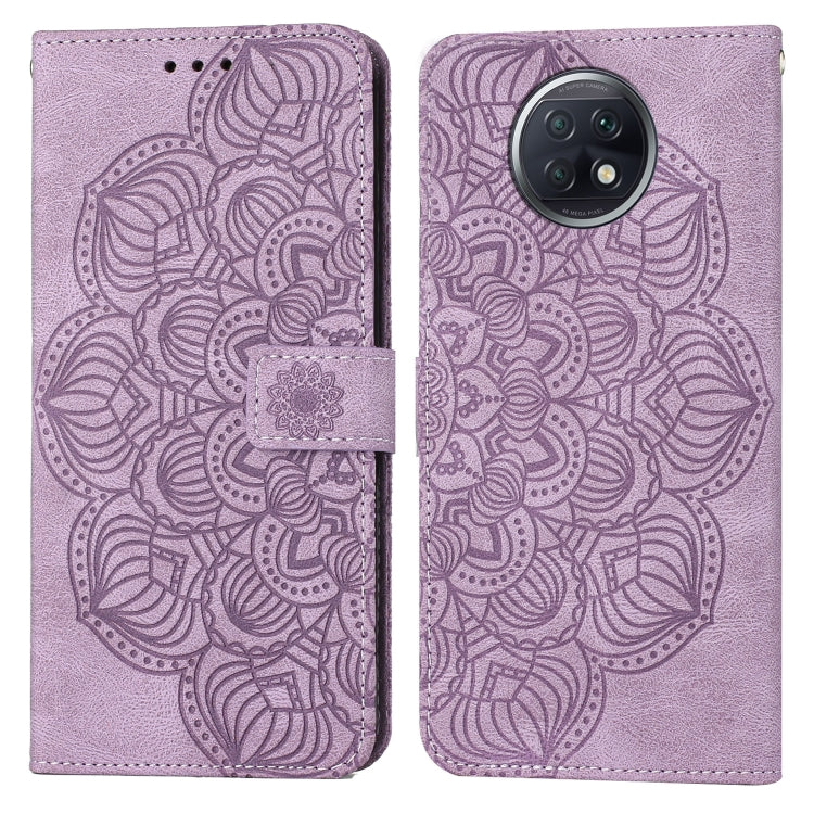 Purple mandala embossed flip leather phone case with magnetic strap and camera cutout