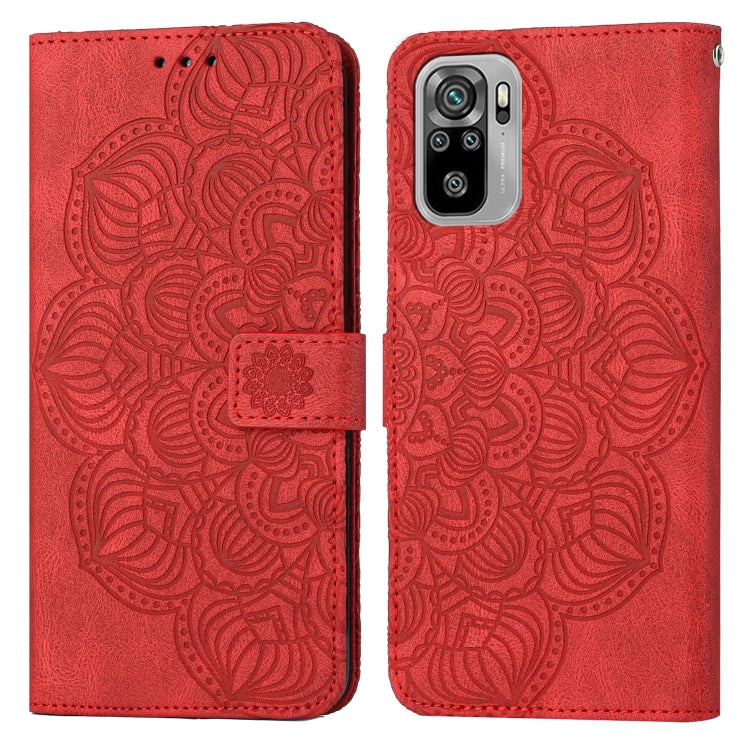 Red mandala-embossed flip leather phone case with magnetic strap, full front and back view