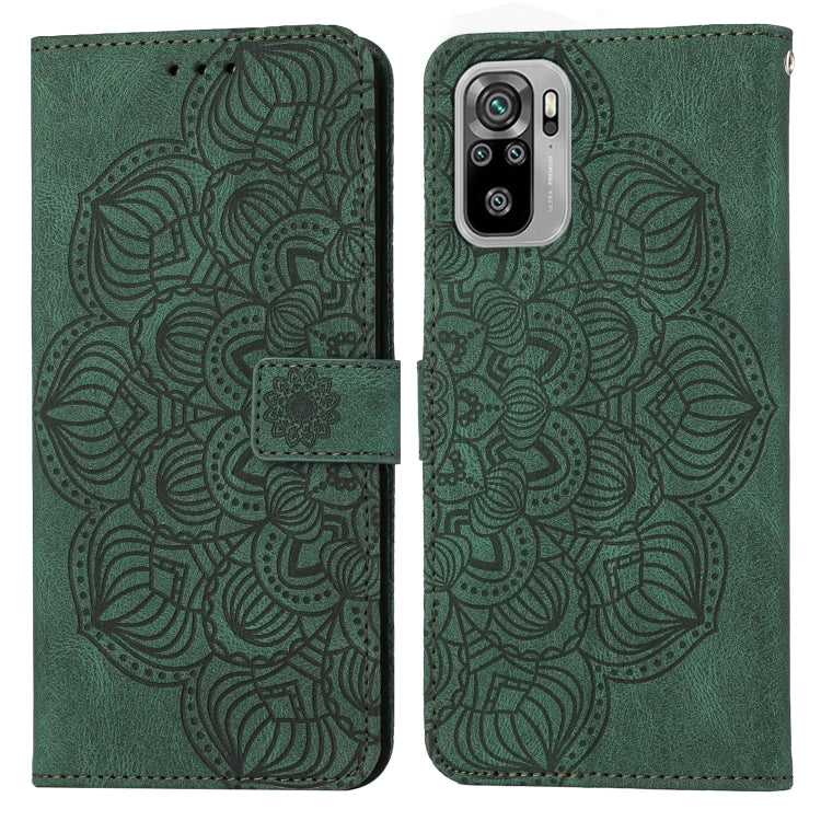 Green mandala-embossed flip leather phone case with magnetic strap, full front and back view