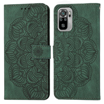 Green mandala-embossed flip leather phone case with magnetic strap, full front and back view