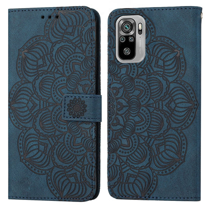 Blue mandala-embossed flip leather phone case with magnetic strap, full front and back view