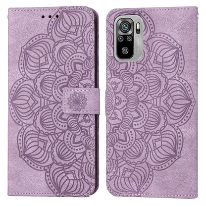 Purple mandala-embossed flip leather phone case with magnetic strap, full front and back view