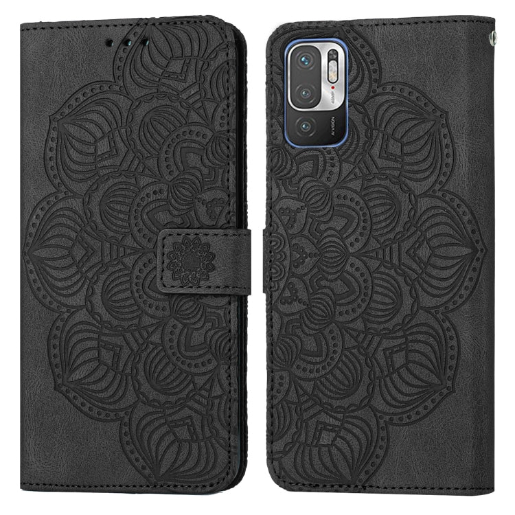 Black mandala-embossed flip leather phone case with magnetic strap, full front and back view
