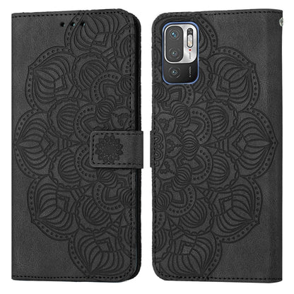 Black mandala-embossed flip leather phone case with magnetic strap, full front and back view