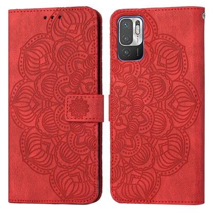 Red mandala-embossed flip leather phone case with magnetic strap, front-facing camera cutout