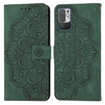 Green mandala-embossed flip leather phone case with magnetic strap, front-facing camera cutout