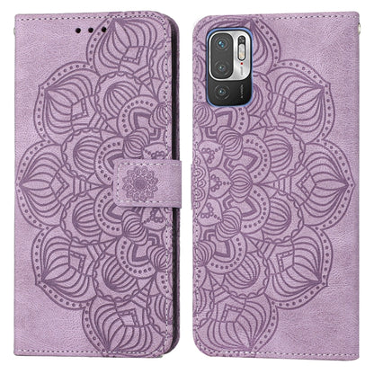 Purple mandala-embossed flip leather phone case with magnetic strap, front-facing camera cutout