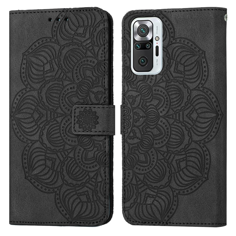 Black mandala-embossed flip leather phone case with magnetic strap, front-facing camera cutout