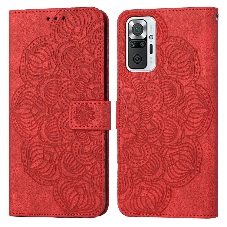 Red embossed mandala flip leather wallet phone case with card slot and magnetic closure.