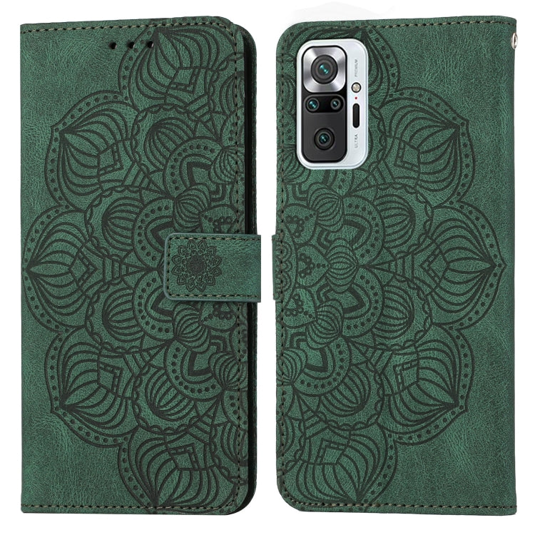 Green embossed mandala flip leather wallet phone case with card slot and magnetic closure.