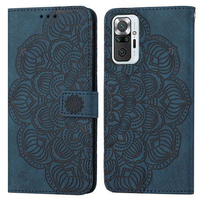 Blue embossed mandala flip leather wallet phone case with card slot and magnetic closure.