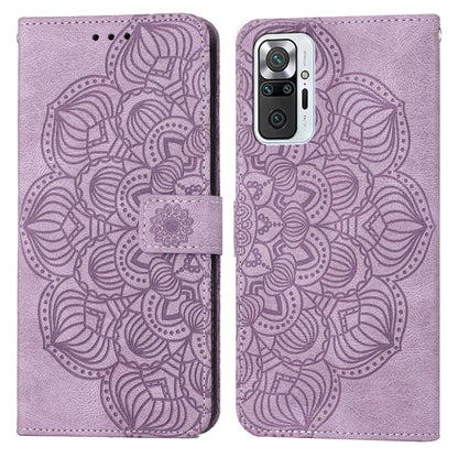 Purple embossed mandala flip leather wallet phone case with card slot and magnetic closure.