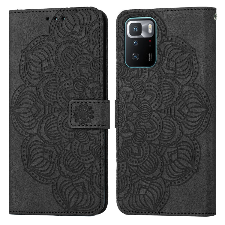 Black embossed mandala flip leather wallet phone case with card slot and magnetic closure.