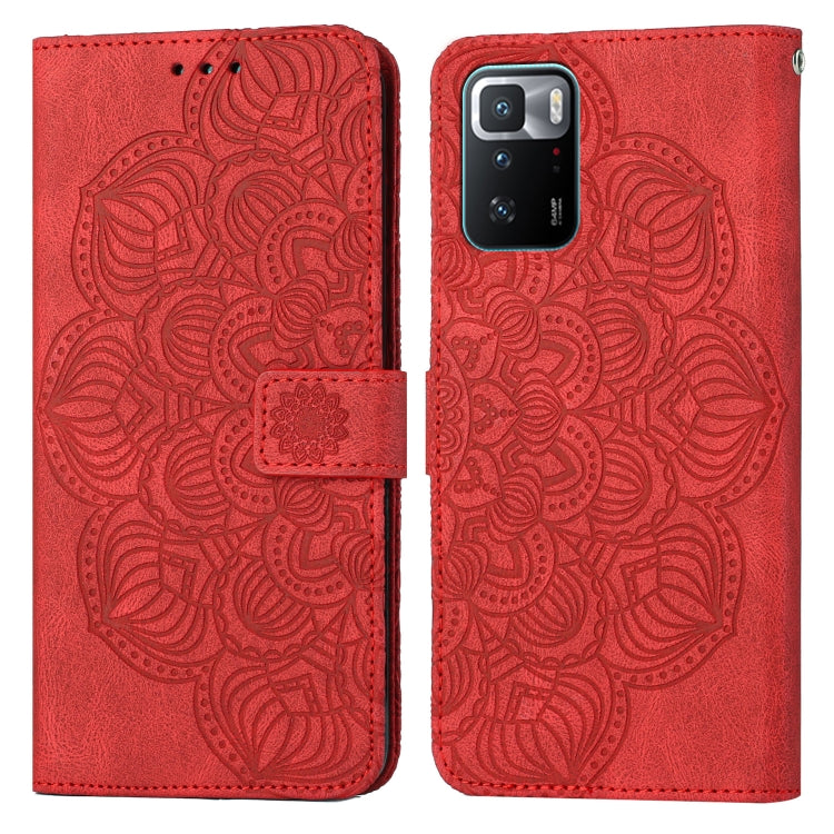 Red embossed mandala flip leather wallet phone case with card slot and magnetic closure.