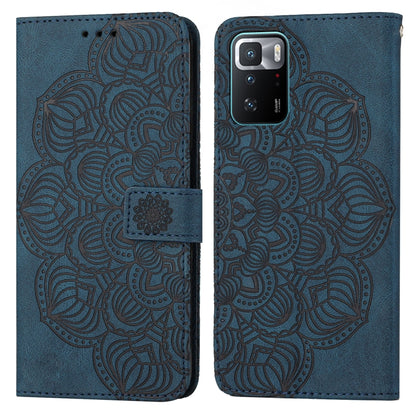 Blue embossed mandala flip leather wallet phone case with card slot and magnetic closure.