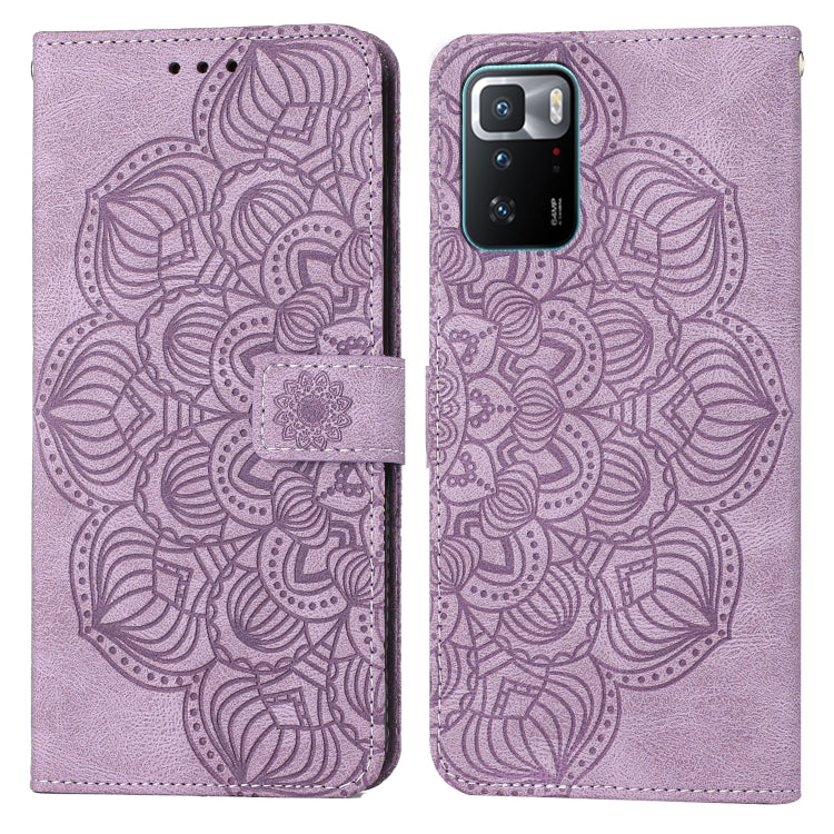 Purple embossed mandala flip leather wallet phone case with card slot and magnetic closure.