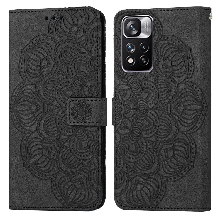 Black embossed mandala flip leather wallet phone case with card slot and magnetic closure.