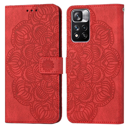 Mandala-embossed red flip leather phone case with magnetic strap and card pocket