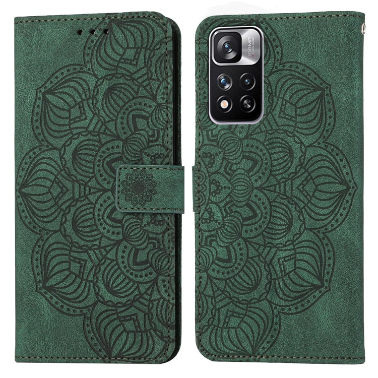 Mandala-embossed green flip leather phone case with magnetic strap and camera cutout