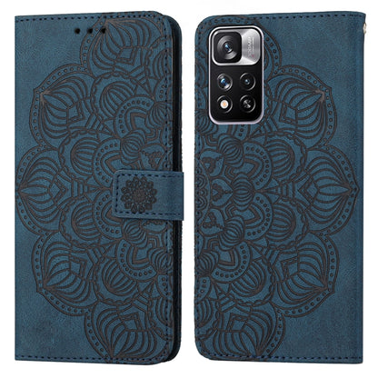 Mandala-embossed blue flip leather phone case with magnetic strap and card pocket