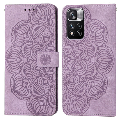 Mandala-embossed purple flip leather phone case with magnetic strap and camera cutout