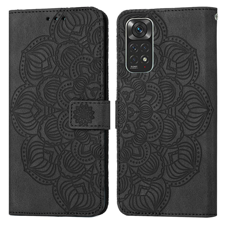 Mandala-embossed black flip leather phone case with magnetic strap and card pocket
