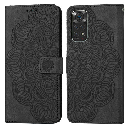 Mandala-embossed black flip leather phone case with magnetic strap and card pocket