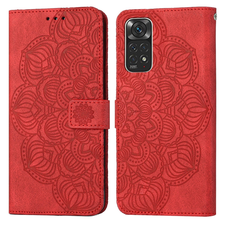Mandala-embossed red flip leather phone case with magnetic strap and camera opening
