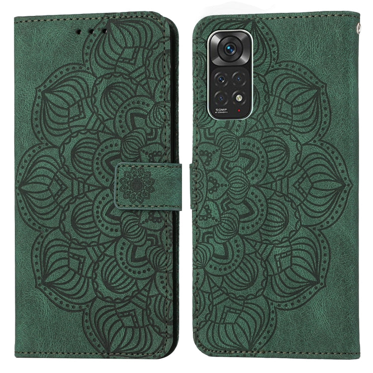Mandala-embossed green flip leather phone case with magnetic strap and card pocket
