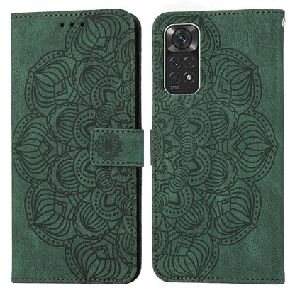 Mandala-embossed green flip leather phone case with magnetic strap and card pocket