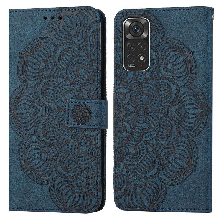 Mandala-embossed blue flip leather phone case with magnetic strap and camera cutout
