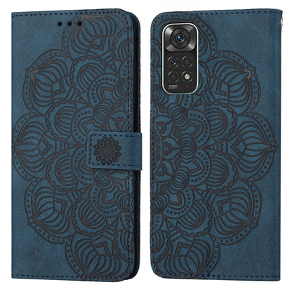 Mandala-embossed blue flip leather phone case with magnetic strap and camera cutout