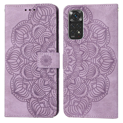 Mandala-embossed purple flip leather phone case with magnetic strap and card pocket