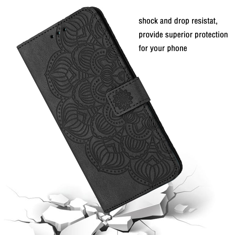 Black mandala embossed flip leather phone case with front strap tab