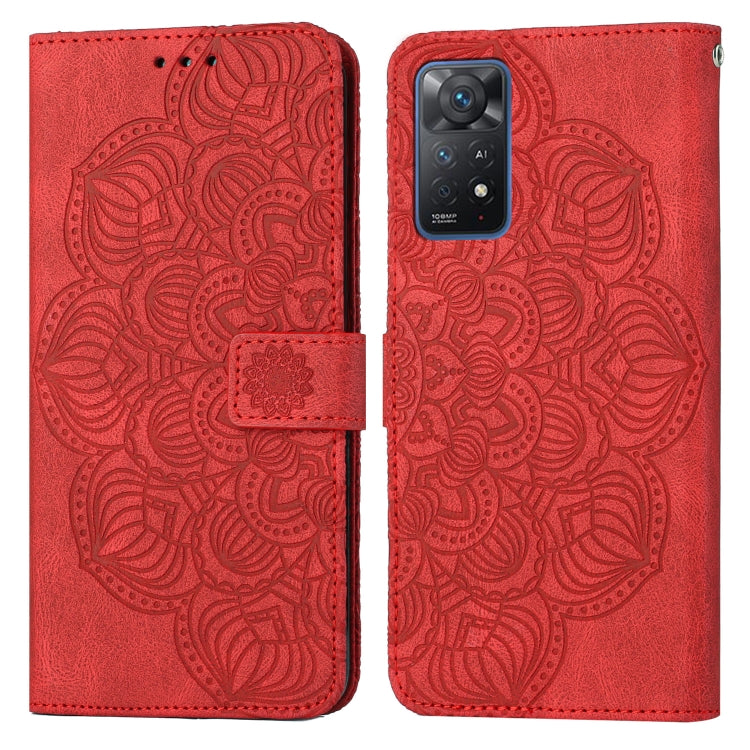 Red mandala embossed flip leather phone case with magnetic clasp and card slot
