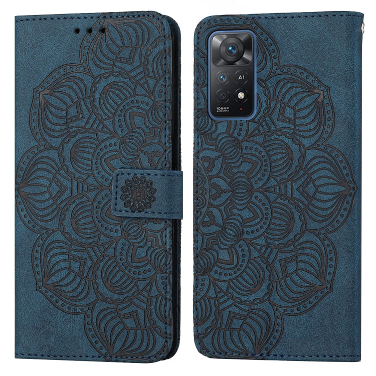 Blue mandala embossed flip leather phone case with magnetic clasp and card slot