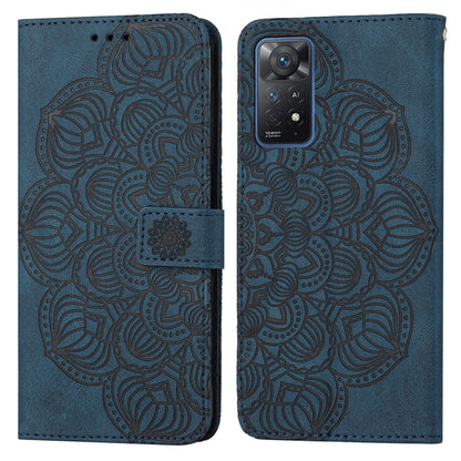 Blue mandala embossed flip leather phone case with magnetic clasp and card slot