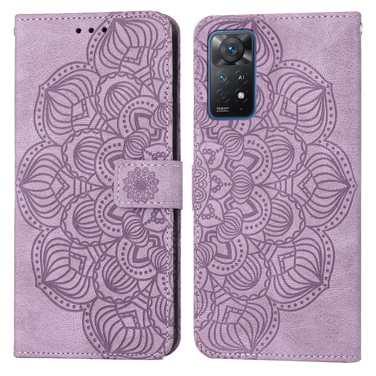 Mandala embossed flip leather phone case in lavender, folio cover with strap and camera cutout