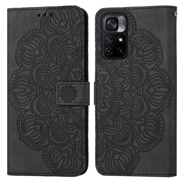 Mandala embossed flip leather phone case in black, folio cover with strap and camera cutout