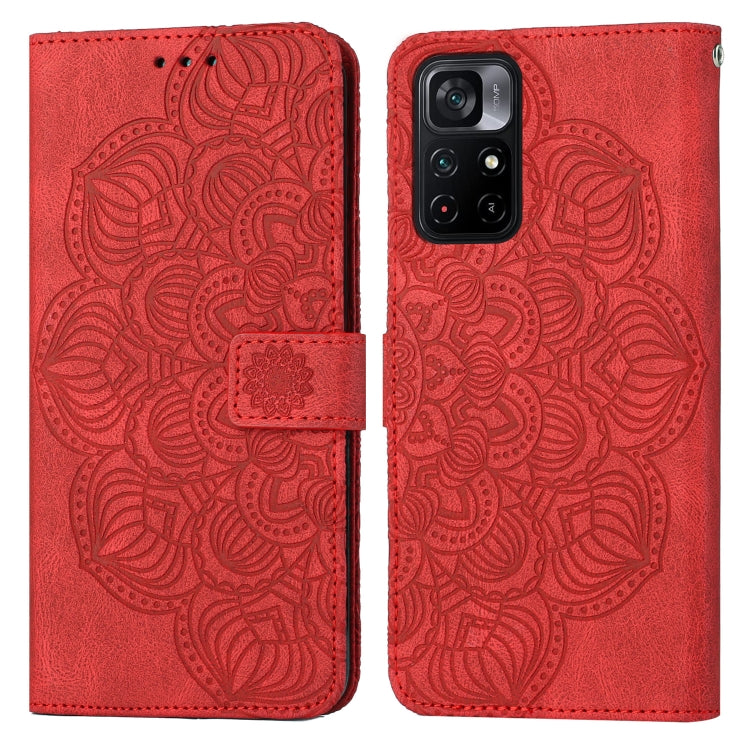 Mandala embossed flip leather phone case in red, folio cover with strap and camera cutout